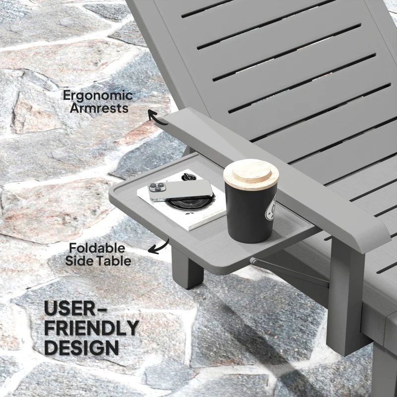 Outsunny Set of 2 Tanning Chair, 5 Positions Adjustable Outdoor Lounge Chairs with Foldable Side Table, Dark Grey