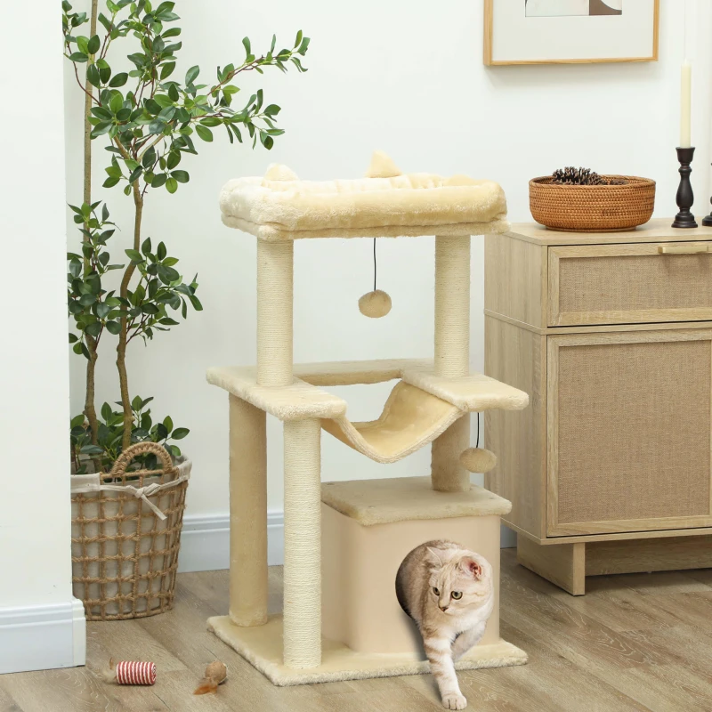 PawHut 39.25'' Cat Tree Tower Multi-Level Kitten House with Scratching Post Condo Hammock Bed Ball Toy - Beige