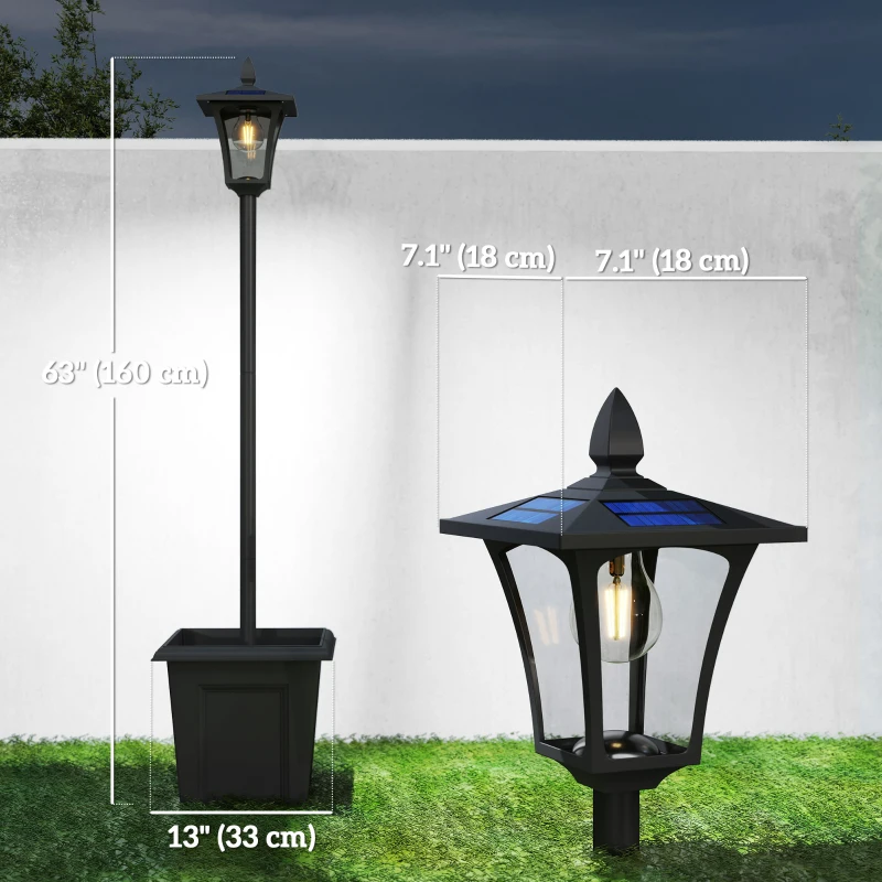 Outsunny 63" Solar Lamp Post Lights 2 Pack, Waterproof LED Solar Light Posts with Planter, Black