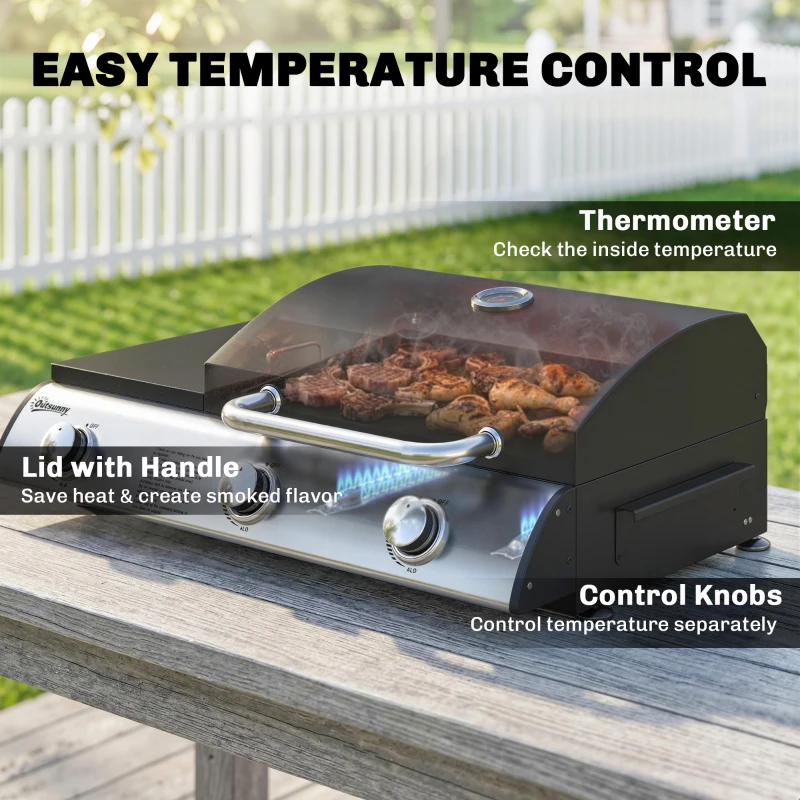 Outsunny 3 Burner Portable Propane Gas Grill Griddle, Tabletop Grill & Griddle Combo with Adjustable Foot Pads, 28,500 BTU, Black