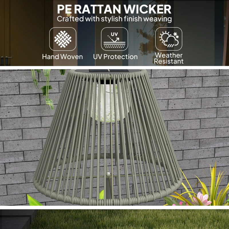 Outsunny Wicker Outdoor Floor Lamp, Cordless Solar Lantern with Auto On/Off LED Lights, IP44 for Patio, Porch, Pathway, Grey