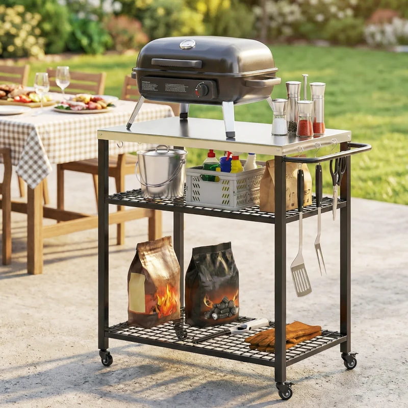 Outsunny Outdoor Grill Cart with Stainless Steel Top, Two-Shelf Pizza Oven Stand, Food Prep Table on Wheels, Black