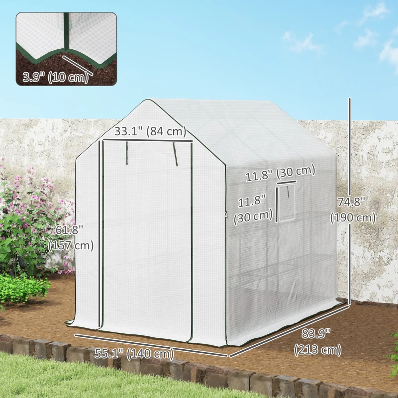 Outsunny Walk-in Greenhouse with 3 Tier, Garden Plant Growhouse with Roll-up Door and Mesh Windows, 140 x 213 x 190 cm, White
