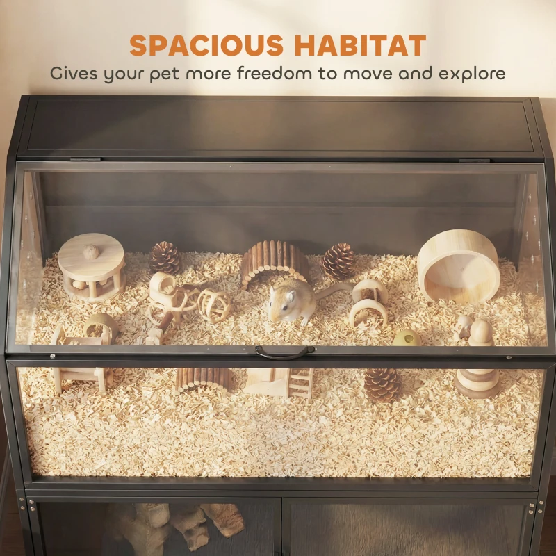 PawHut Hamster Cage with Storage Cabinet, Small Animal Cage with Easy View Acrylic Panels and Openable Top, Guinea Pig Habitat