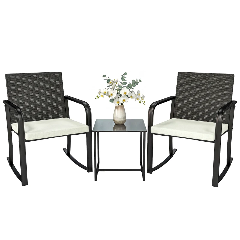 Outsunny 3 Pieces Rocking Bistro Set Outdoor Patio Furniture Set with Cushions, Glass Coffee Table for Balcony, Cream White