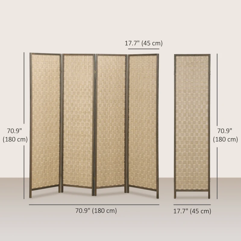 HOMCOM 6 FT Room Divider, 4 Panel Folding Privacy Screen, Lightweight Handwoven Freestanding Partition for Home Office, Brown