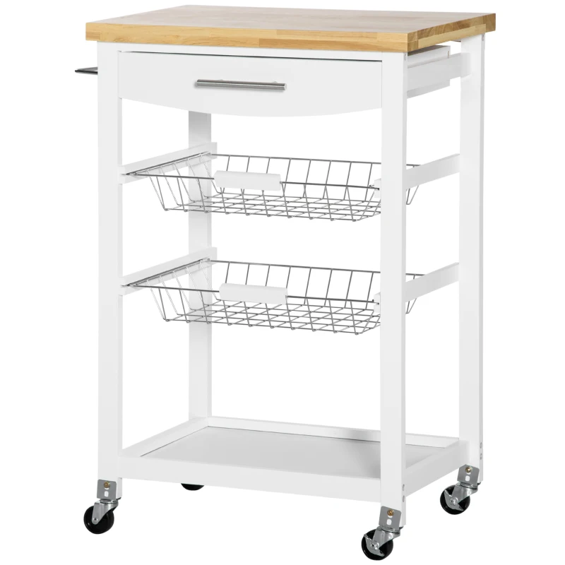 HOMCOM 3-Tier Utility Kitchen Cart with Handle Bar, Steel Basket Rolling Kitchen Island, Food Storage Service Trolley with Wheels, Rubber Wood Top (White)