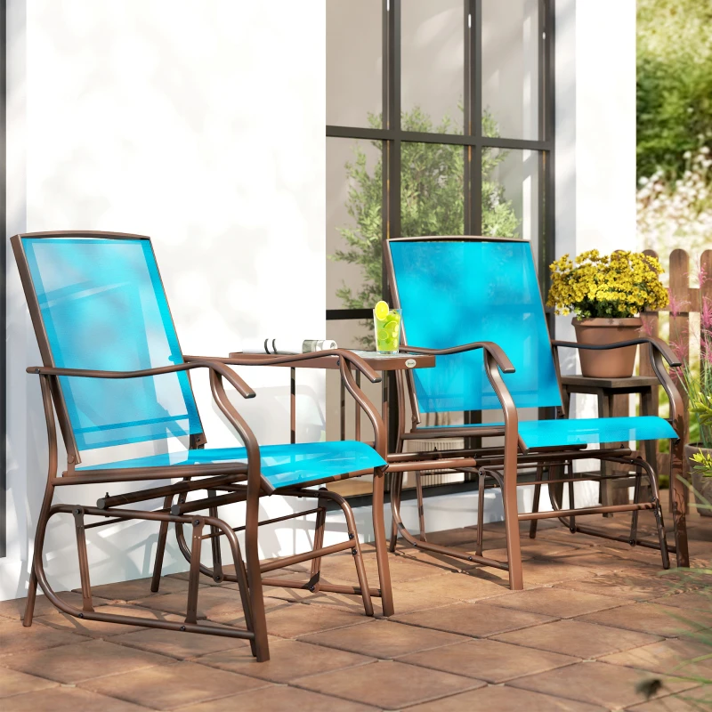 Outsunny Outdoor Glider Chair with Table, 2-Seat Patio Glider Loveseat with Breathable Mesh Fabric, Blue