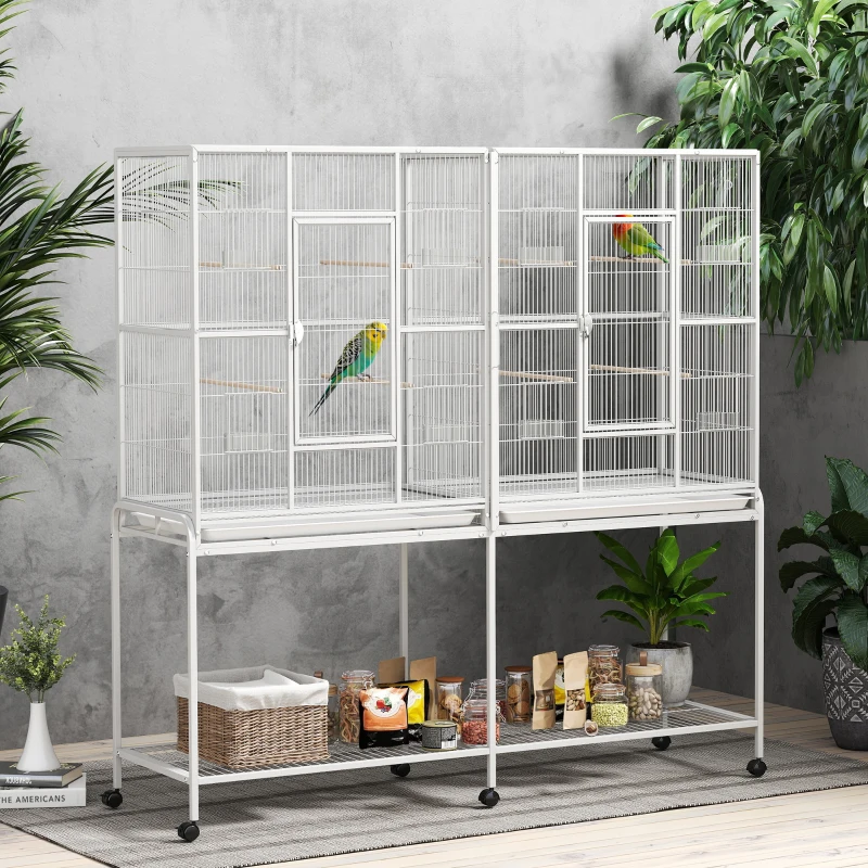 PawHut 64" Large Rolling Bird Cage Bird House with Detachable Rolling Stand, Storage Shelf, Wood Perch Food Container, White