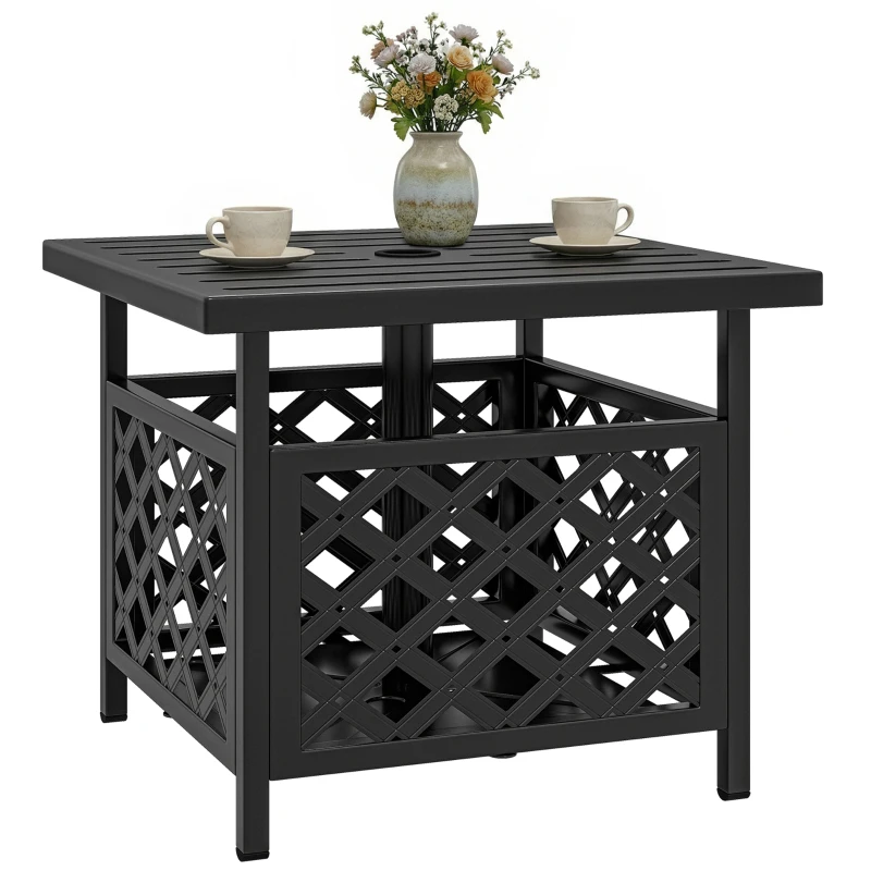 Outsunny 22" Outdoor Coffee Table, Patio Side Table with Umbrella Hole Slatted, Metal Top, for Garden, Backyard, Poolside, Black