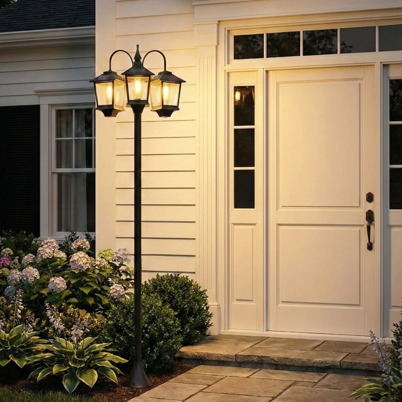 Outsunny 74" 3-Head Solar Lamp Post Light, Waterproof LED Solar Light Posts with Automatic Dusk-to-Dawn Sensor, IP44 Waterproof