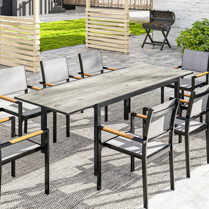 Outsunny 63"-94.5" Extendable Patio Dining Table for 6-8 Person, Outdoor Dining Table with Aluminium Edging, Steel Frame, Grey
