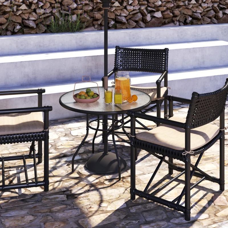 Outsunny 39.4" Round Outdoor Dining Table Coffee Side Bistro Table with Umbrella Hole, Glass Top, Steel Frame for Garden, Patio