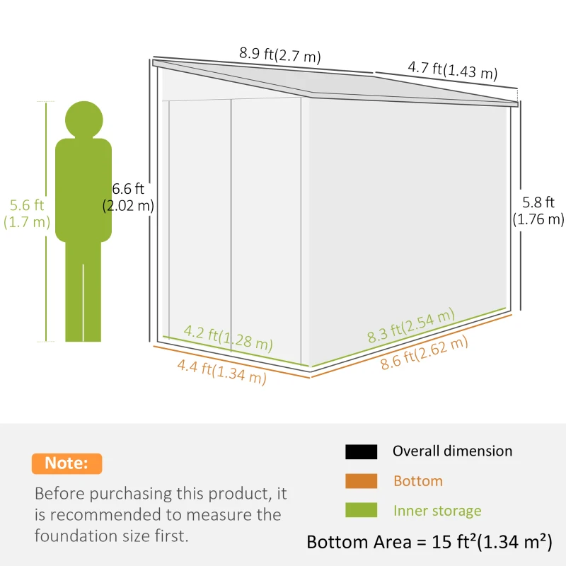 Outsunny 4.6' x 9' Steel Outdoor Storage Shed, Lean to Shed, Metal Tool House with Foundation Kit, Lockable Doors, Gloves and 2 Air Vents for Backyard, Patio, Lawn, Dark Grey