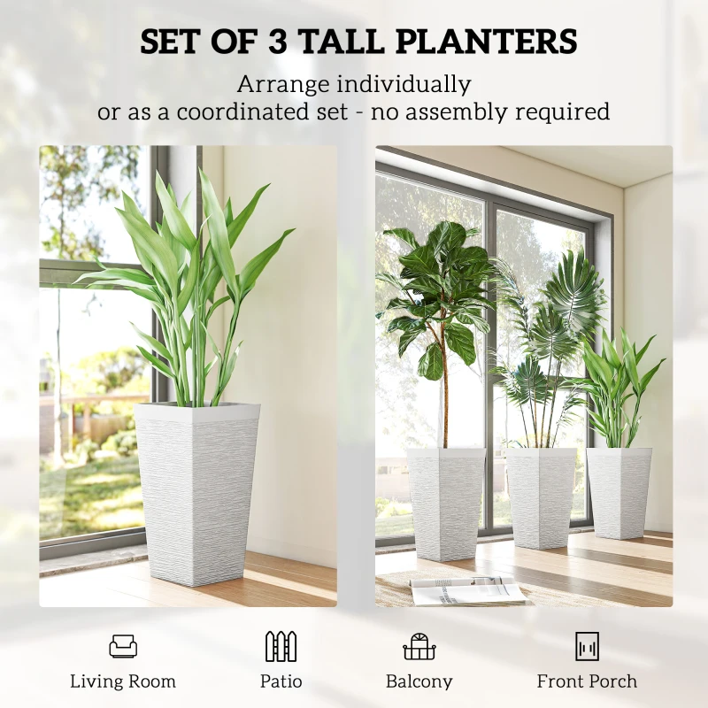 Outsunny 22.8 Inch Set of 3 Outdoor Planters with Stone Finish and Wheels, Stackable Tapered Planters with Drainage Hole, White