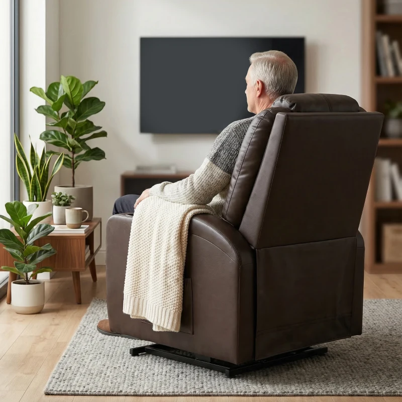 HOMCOM Power Lift Recliner Chair for Elderly, PU Leather Lift Chair with Thick and High Back, Footrest, Remote, Side Pockets, Cup Holders, Reclining Sofa for Living Room, Brown
