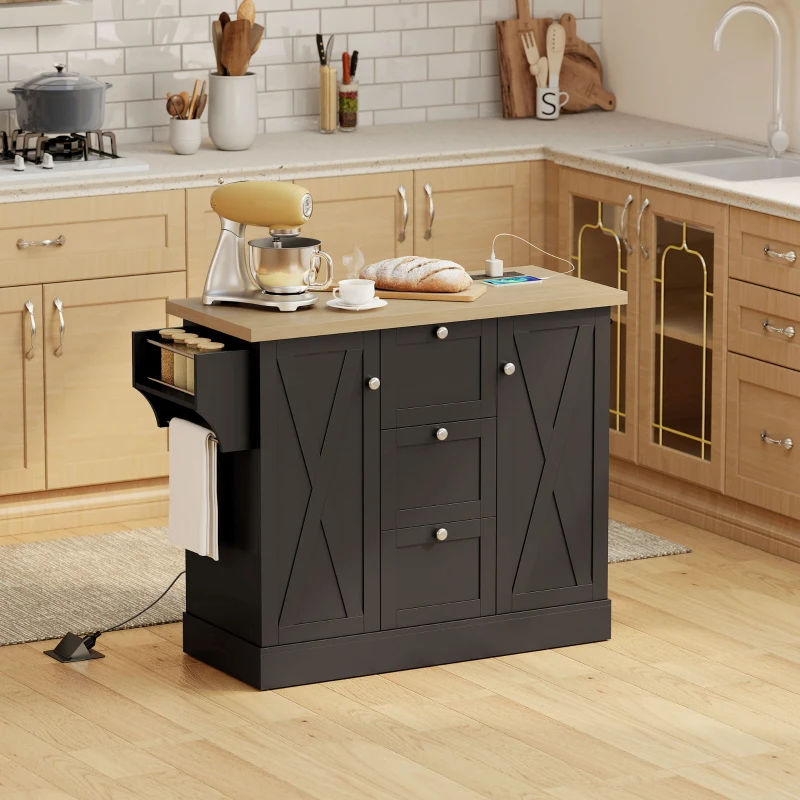 HOMCOM Farmhouse Kitchen Island Cart with Power Outlet and Soft-Close Doors, 49" Kitchen Island with 3 Drawers, Black