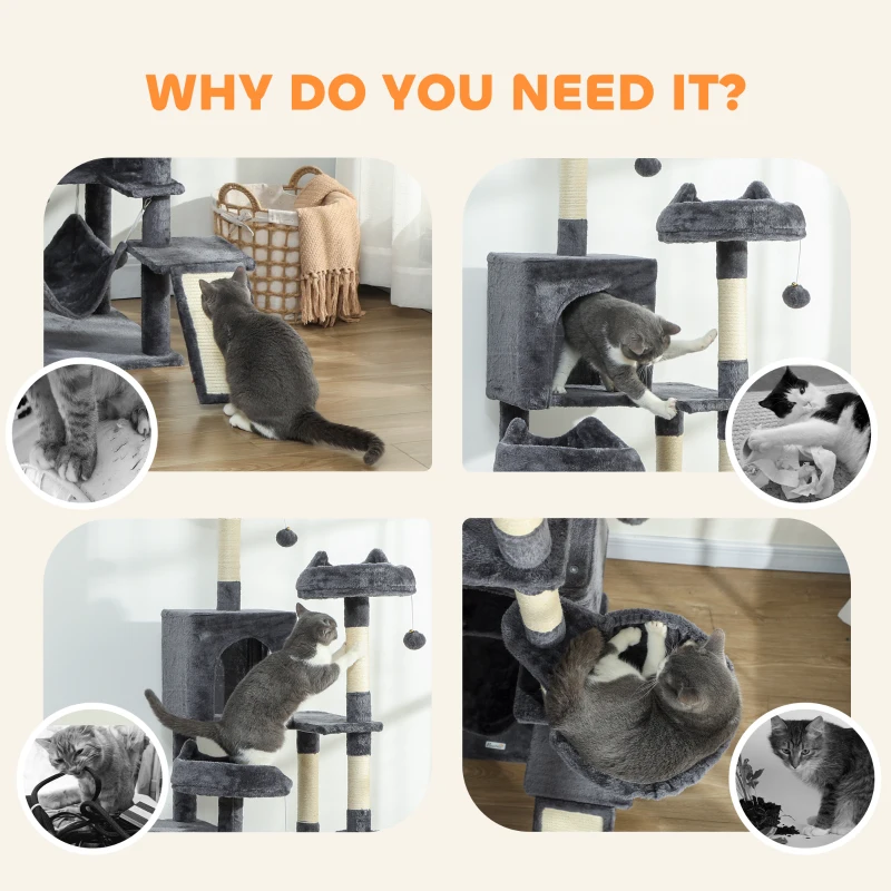 PawHut 76" Large Cat Tree for Indoor Cats with 8 Scratching Posts, 3 Plush Beds, 2 Hammocks, 2 Large Condos, Ramp, Dark Grey