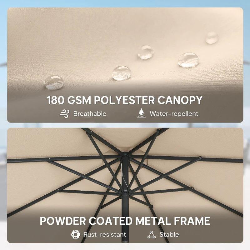 Outsunny 10' x 10' Round Market Umbrella with Base and Sandbag, Patio Umbrella with Crank Handle and Tilt, Khaki