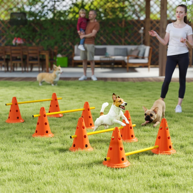 PawHut Dog Agility Hurdle Cone Set, Adjustable Obstacle Course Equipment with 8 Cones & 8 Poles, Carry Bag, Orange