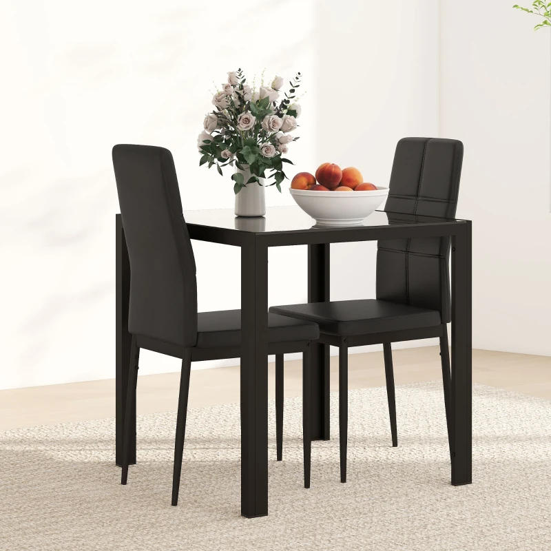 HOMCOM 3-Piece Rectangular Glass Kitchen Table and Chairs with Metal Frame and Faux Leather Upholstery for Dining Room, Black