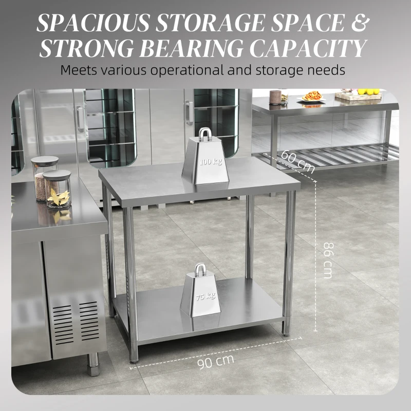 HOMCOM Stainless Steel Workbench, 35 x 24 x 34 Inch, Heavy Duty Work Prep Table with Shelf, Workbench for Kitchen, Garage