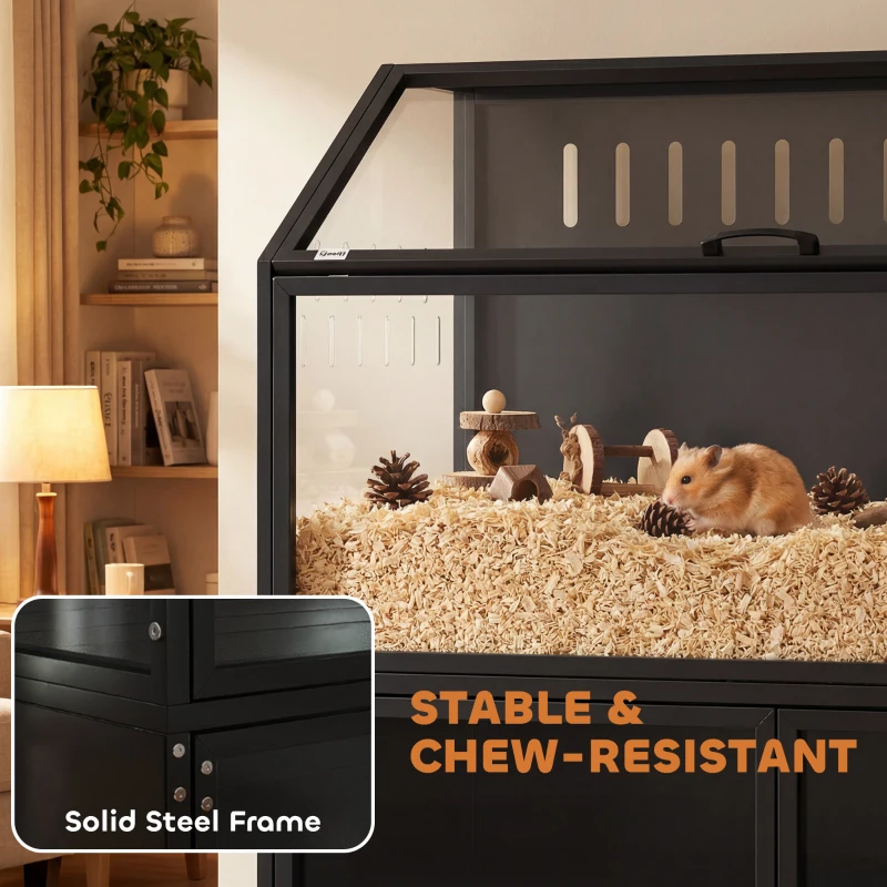 PawHut Hamster Cage with Storage Cabinet, Small Animal Cage with Easy View Acrylic Panels and Openable Top, Guinea Pig Habitat