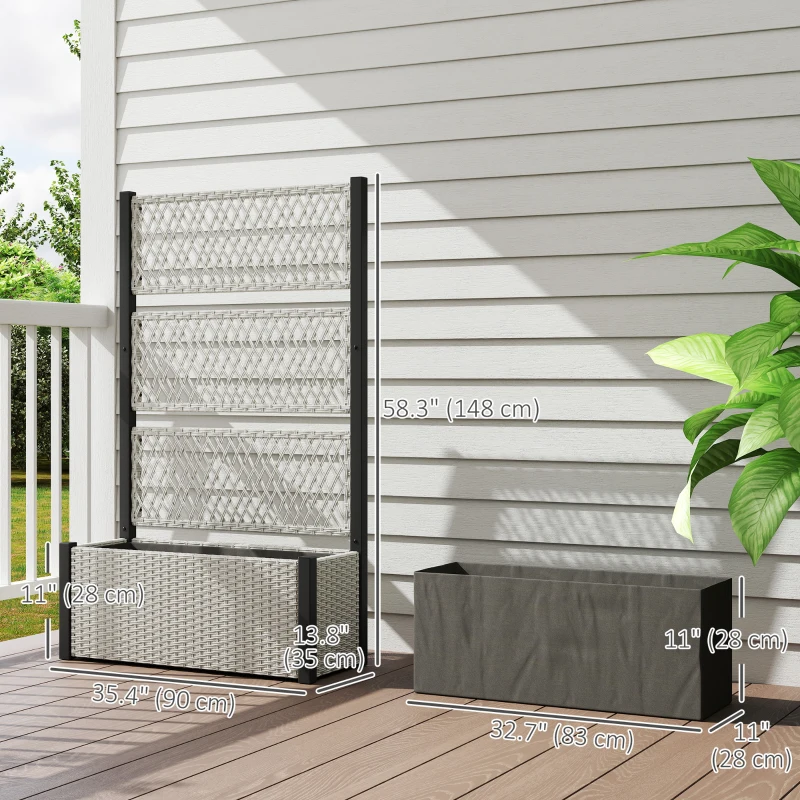 Outsunny Wicker Outdoor Planter with Trellis, 58" Standing Garden Bed with Liner, Drainage Holes for Climbing Plants, Mixed Grey