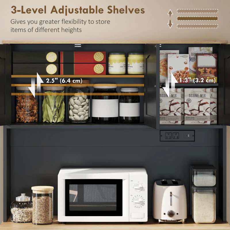 HOMCOM 68" Pantry Cabinet with Charging Station, Storage Cabinet with Microwave Stand, 10 Gallon Trash Can Cabinet, Black