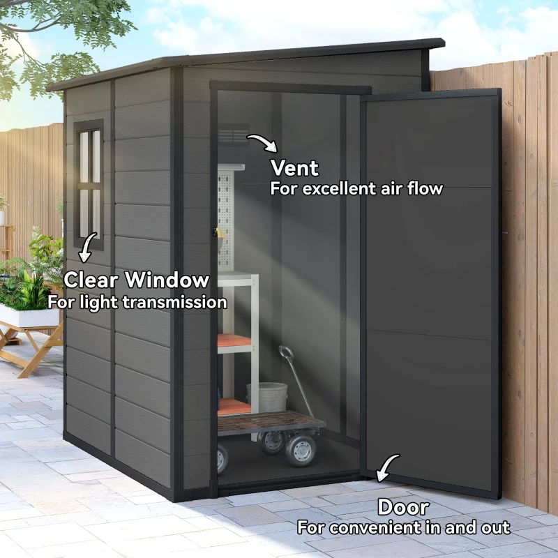 Outsunny 4'x5' Garden Storage Shed, Lean to Shed, Lockable Garden Tool Storage House with Window, Vent, Dark Grey