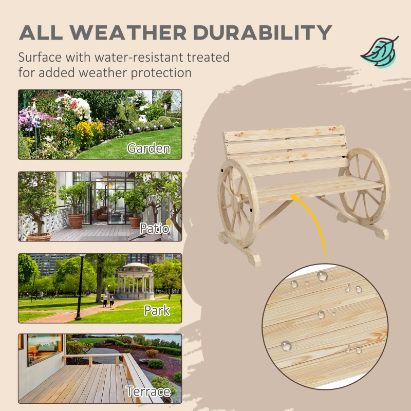 Outsunny 42" Wood Wagon Wheel Bench Garden Loveseat Rustic Seat, Natural Wood