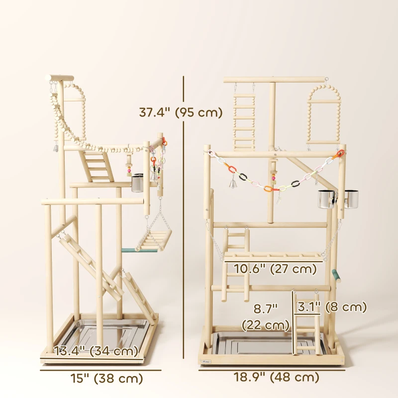 PawHut Bird Playground, 4 Layer Wooden Play Stand with Ladders, Chain Toy, Stainless Steel Cups and Tray for Small Birds