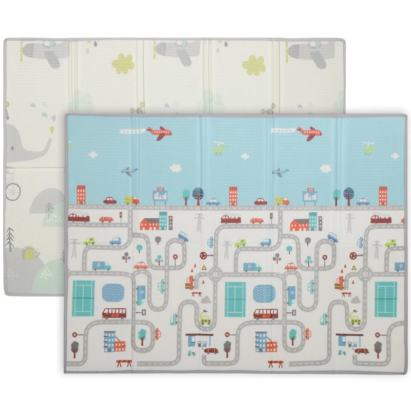 Qaba Foldable Baby Plat Mat, 79" x 59" Kids Floor Mat for Crawling and Learning, Track & Elephant Theme