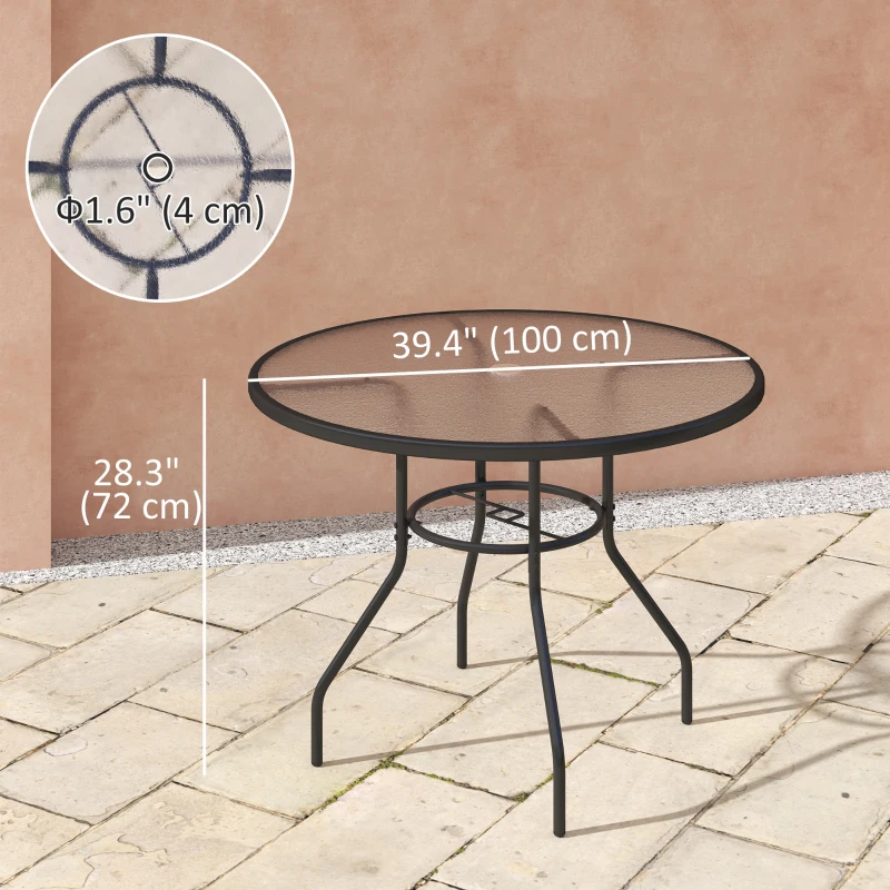 Outsunny 39.4" Round Outdoor Dining Table Coffee Side Bistro Table with Umbrella Hole, Glass Top, Steel Frame for Garden, Patio