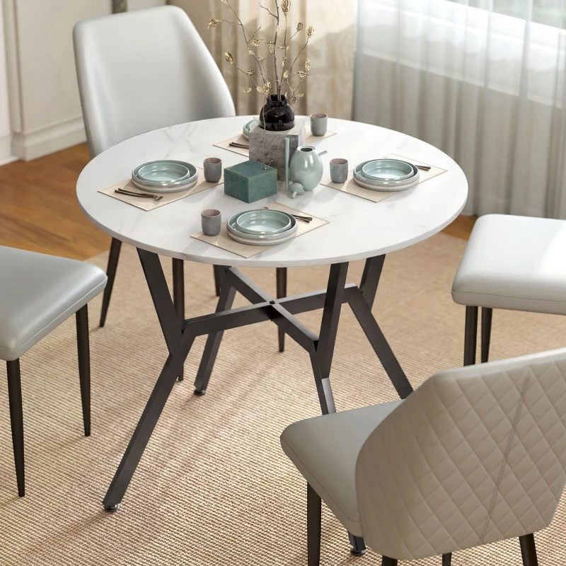 HOMCOM 35" Round Dining Table, Modern Dining Room Table with Steel Frame, Space Saving Small Kitchen Table, White Marble
