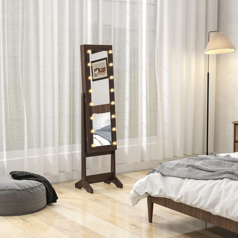 HOMCOM Free Standing Armoire Organizer, Lighted Mirrored Jewelry Cabinet w/ Angle Adjustable & 16 LED Lights, Dark Brown