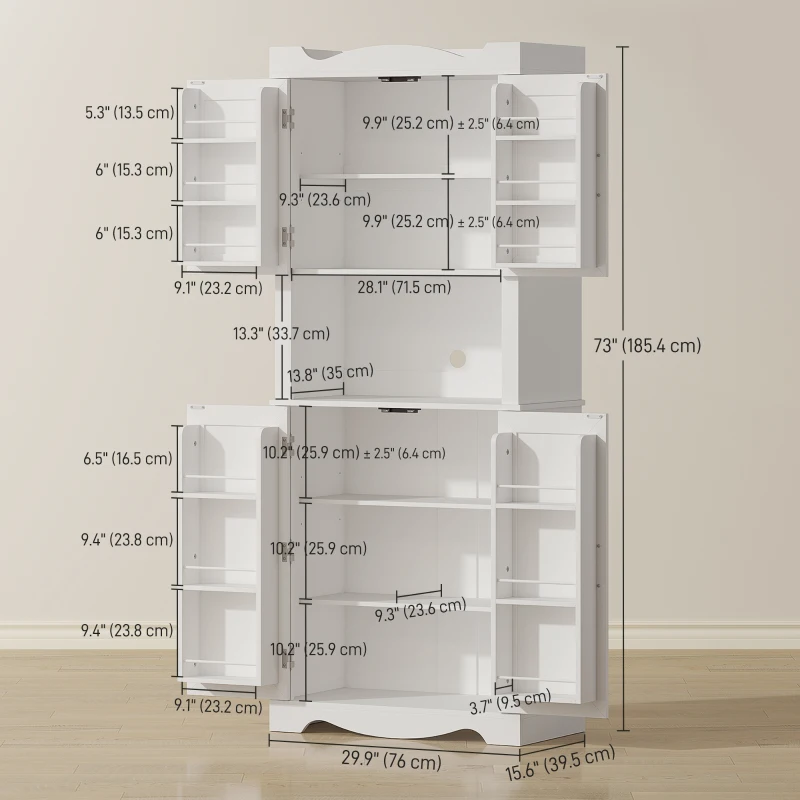 HOMCOM 73" Kitchen Pantry Cabinet, Freestanding Kitchen Hutch with 12 Door Shelves, Adjustable Shelves, Microwave Stand, White