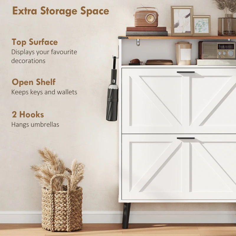 HOMCOM Shoe Storage Cabinet with 2 Flip Drawers, Farmhouse Narrow Shoe Cabinet, Holds Up to 16 Pairs, White