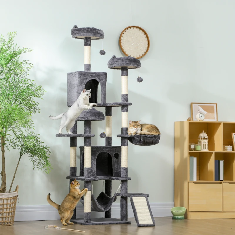 PawHut 76" Large Cat Tree for Indoor Cats with 8 Scratching Posts, 3 Plush Beds, 2 Hammocks, 2 Large Condos, Ramp, Dark Grey