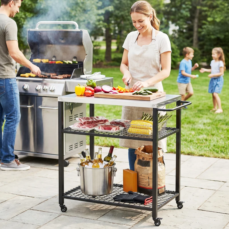 Outsunny Outdoor Grill Cart with Stainless Steel Top, Two-Shelf Pizza Oven Stand, Food Prep Table on Wheels, Black