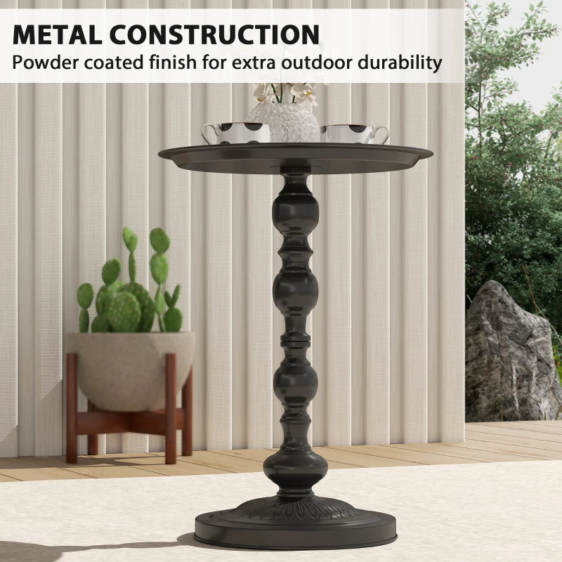 Outsunny 15.4" Round Outdoor Side Table, Tray Top Metal Patio Table with Retro Column Base for Indoor, Balcony, Garden, Black