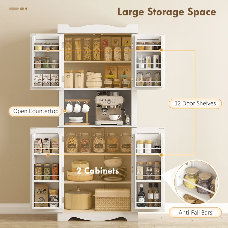 HOMCOM 73" Kitchen Pantry Cabinet, Freestanding Kitchen Hutch with 12 Door Shelves, Adjustable Shelves, Microwave Stand, White