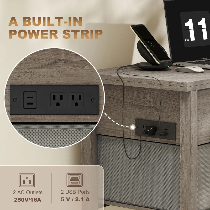 HOMCOM Lift Top Coffee Table, Center Table with 3 Hidden Compartments, 2 Fabric Drawers, Expandable Top and Charging Station