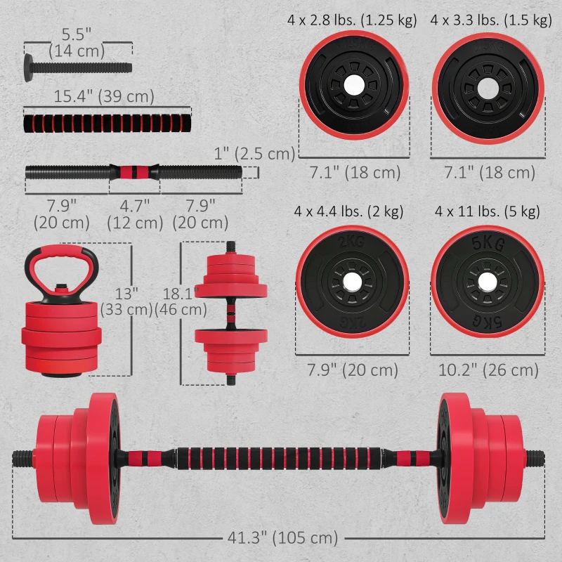 Soozier 88lbs 4-in-1 Adjustable Weight Dumbbell Set, Barbell, Kettlebell, Push Up Stand, Red