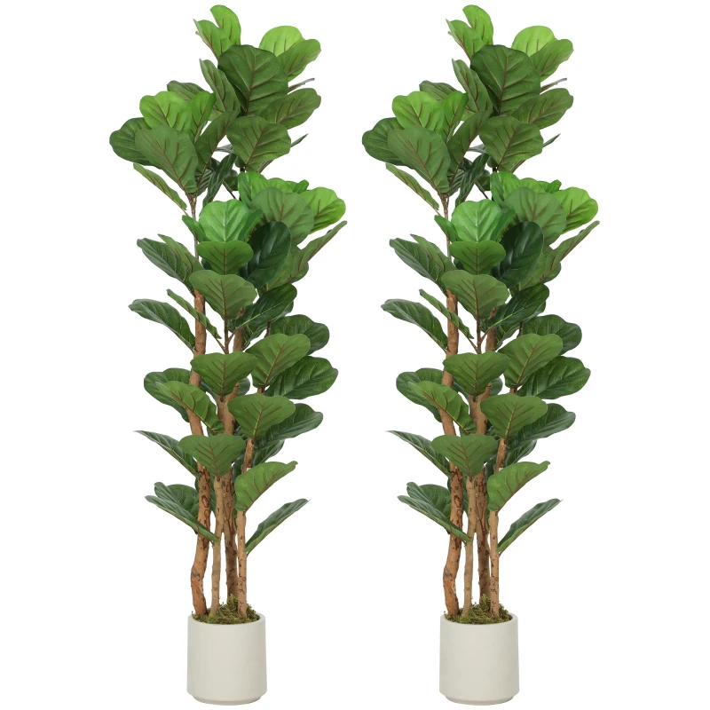HOMCOM 5FT Artificial Fiddle Leaf Fig Tree Set of 2, Fake Potted Tree with Solid Wood Trunks for Indoor Decor, Green