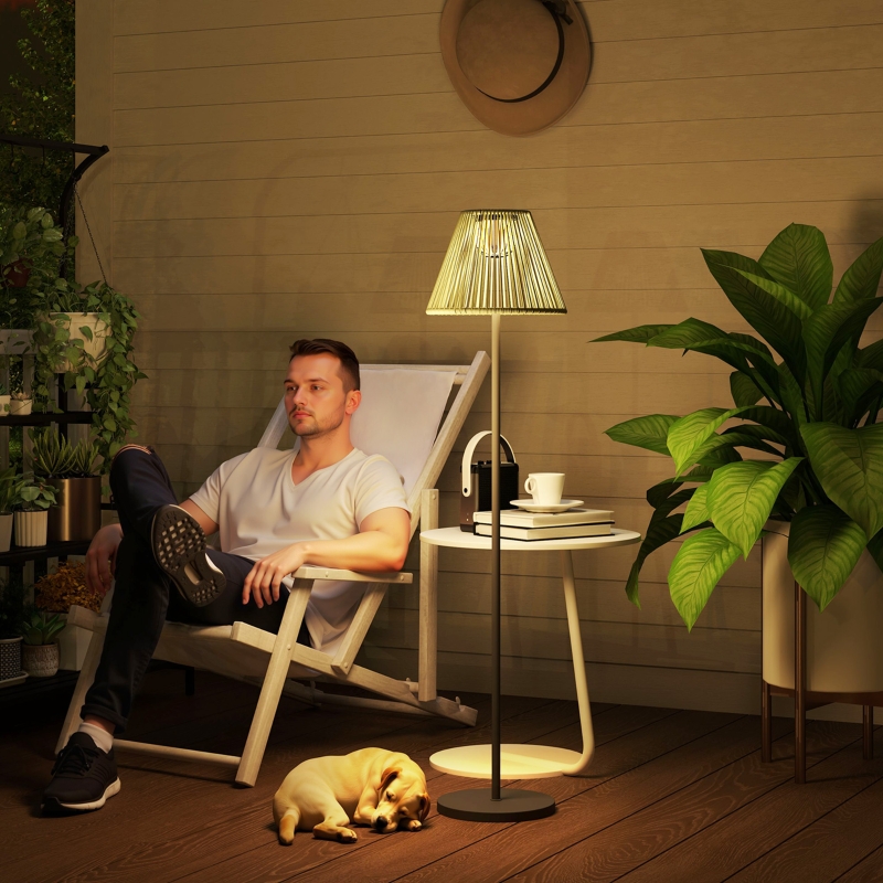 Outsunny Wicker Outdoor Floor Lamp, Cordless Solar Lantern with Auto On/Off LED Lights, IP44 for Patio, Porch, Pathway, Grey