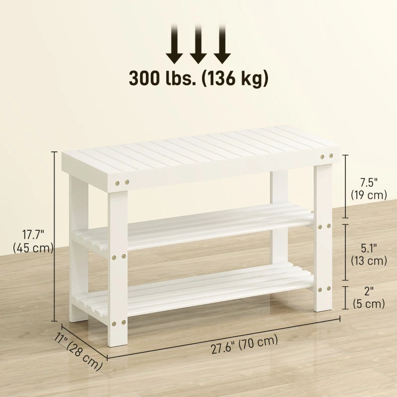HOMCOM Bamboo Shoe Storage Bench, 3-Tier Entryway Bench with 2 Storage Shelves for Hallway, Holds 6 Pairs, White
