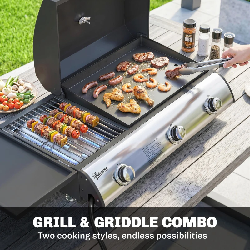 Outsunny 3 Burner Portable Propane Gas Grill Griddle, Tabletop Grill & Griddle Combo with Adjustable Foot Pads, 28,500 BTU, Black