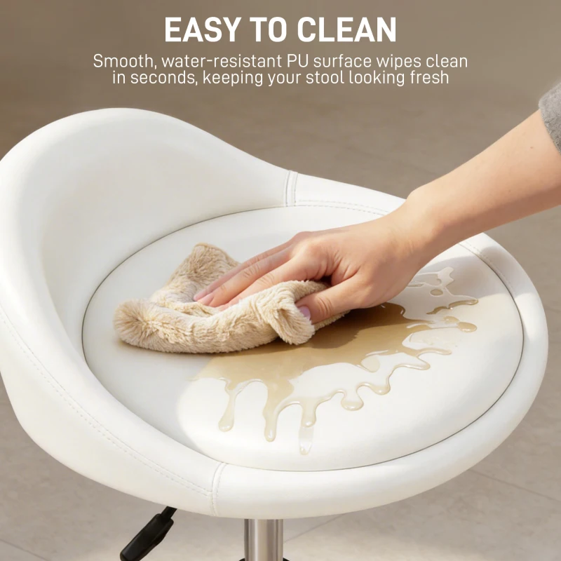 HOMCOM PU Leather Rolling Stool, Height Adjustable Swivel Salon Chair with Backrest and Foot Rest for Spa, Tattoo, White