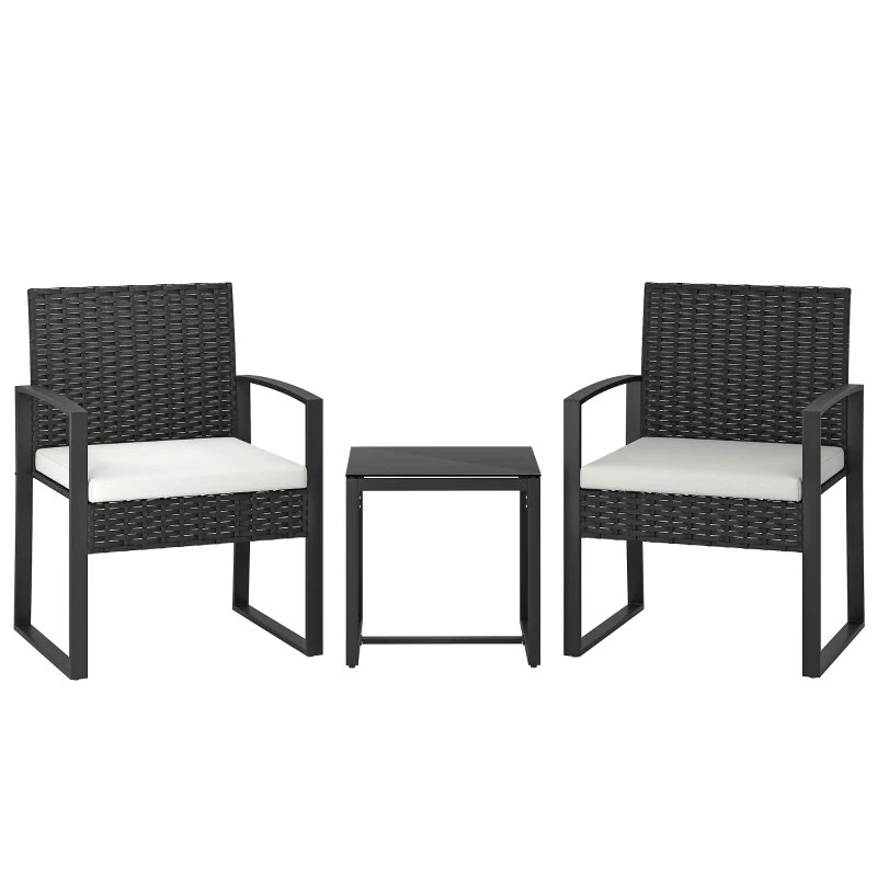 Outsunny Outdoor Bistro Set, 3 Piece Wicker Patio Furniture Set with Glass Top Table and Cushions for Porch, Balcony, Cream White